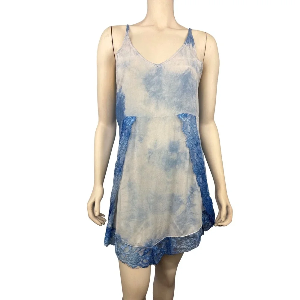 Intimately Free People Slip Dress Womens XS Blue Tie Dye Lace Trim‎ Boho Mini
